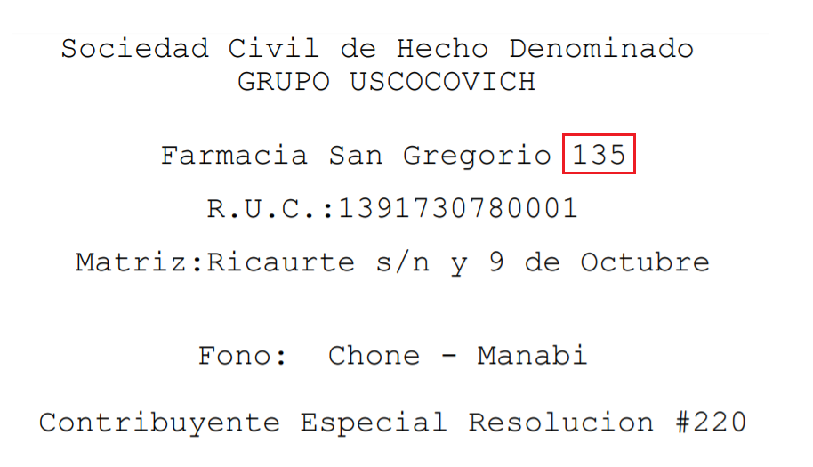 La imágen de una factura donde se muestra en que parte encontrar el número de la farmacia.